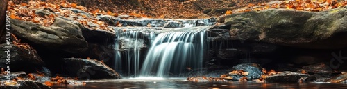 View of a small beautiful river forest waterfall in autumn nature background banner wallpaper AI generated image