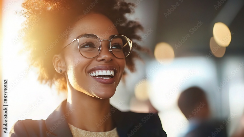 Radiant Confidence: Young Black Woman's Joyful Smile in Modern Office Radiant Confidence: Young Black Woman's Joyful Smile in Modern Office