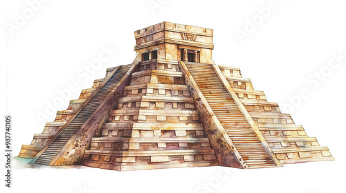 watercolor painting of Aztec pyramid isolated on white background photo