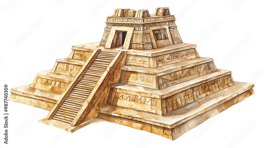 watercolor painting of Aztec pyramid isolated on white background watercolor painting of Aztec pyramid isolated on white background