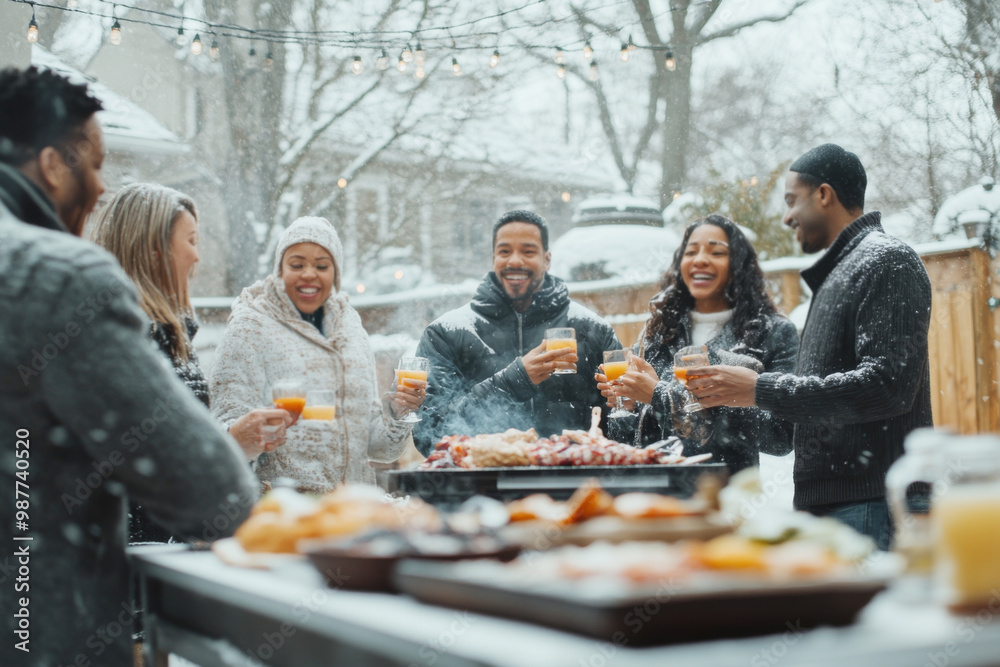 Group of people enjoying winter barbecue in a backyard Group of people enjoying winter barbecue in a backyard