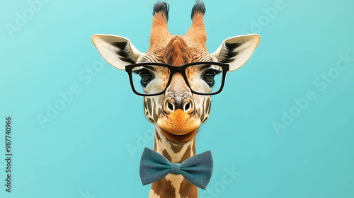 A giraffe wearing glasses and a bowtie looks directly at the camera with a serious expression.