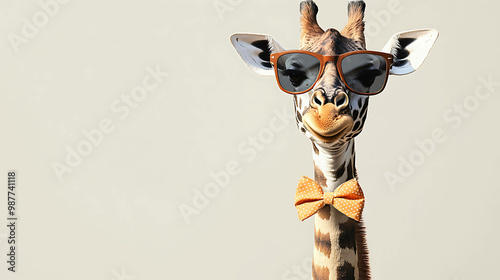 A giraffe wearing sunglasses and a bowtie smiles at the camera.