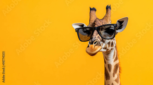 A giraffe wearing sunglasses, looking at the camera.