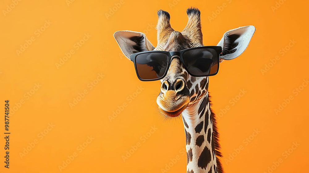 Obraz premium A giraffe wearing sunglasses, looking at the camera.