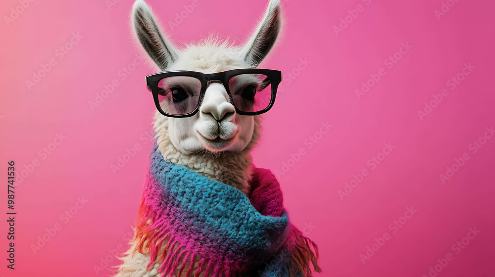 A llama with a scarf and sunglasses looking at the camera on a pink background. A llama with a scarf and sunglasses looking at the camera on a pink background.