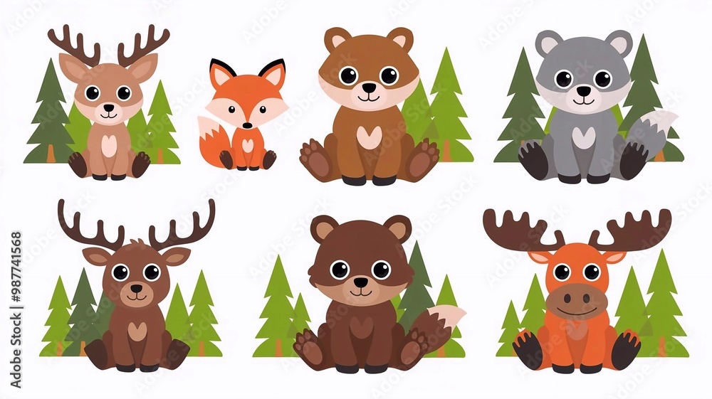 Obraz premium Stickers with wild animals in the forest, cute set. Green trees. Collection of flat vector illustrations isolated on white.