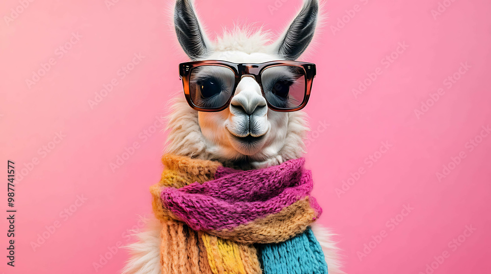 A llama wearing sunglasses and a colorful scarf looks at the camera. A llama wearing sunglasses and a colorful scarf looks at the camera.