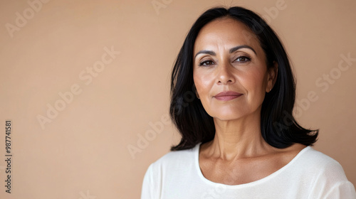 Portrait of middle-aged woman with long hair and white blouse