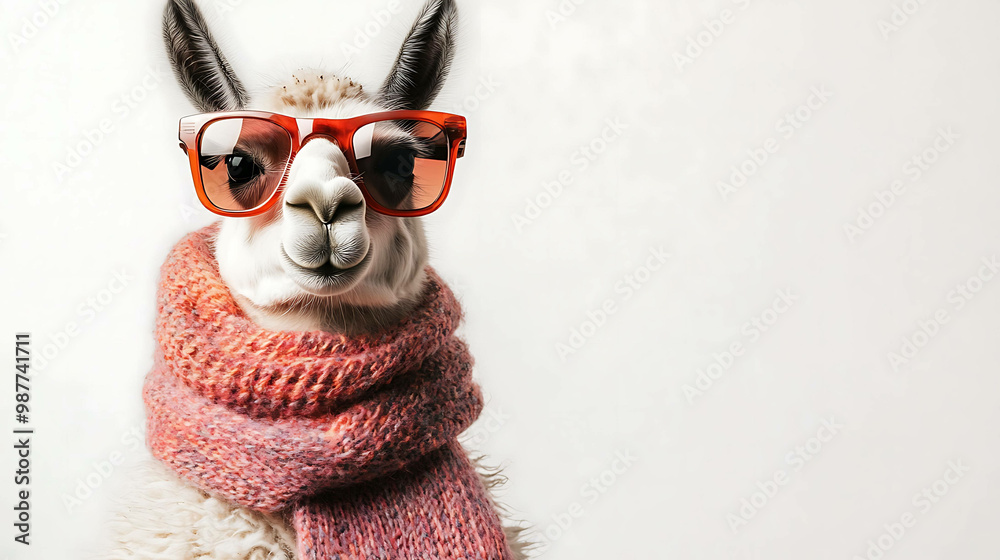 A llama wearing red sunglasses and a pink scarf, looking at the camera with a funny expression. A llama wearing red sunglasses and a pink scarf, looking at the camera with a funny expression.