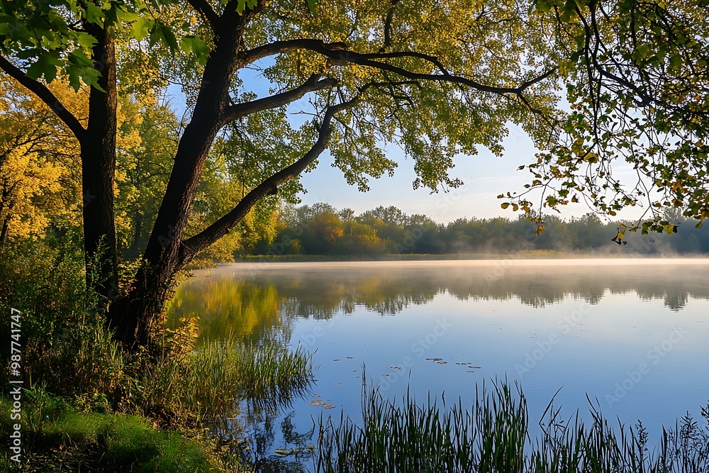 Peaceful autumn morning with a lake reflecting the foliage and sky Peaceful autumn morning with a lake reflecting the foliage and sky