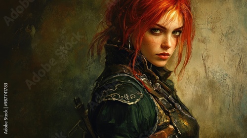 Medieval assassin character woman model with long red hair looking seriously background wallpaper AI generated image photo