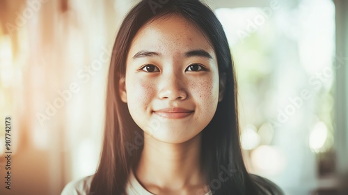 A cheerful young woman with long hair smiles warmly in a bright, sunlit environment, radiating positivity and confidence.