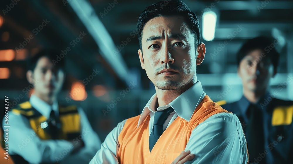 Fototapeta premium A confident leader in an orange vest stands strong, flanked by team members in a modern, industrial setting.
