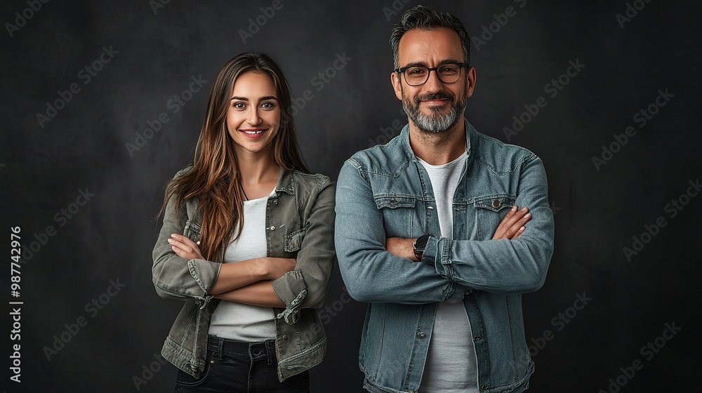 Confident Couple: A portrait of a mature couple, arms crossed, radiating confidence and a shared sense of accomplishment. They stand side-by-side against a dark background Confident Couple: A portrait of a mature couple, arms crossed, radiating confidence and a shared sense of accomplishment. They stand side-by-side against a dark background