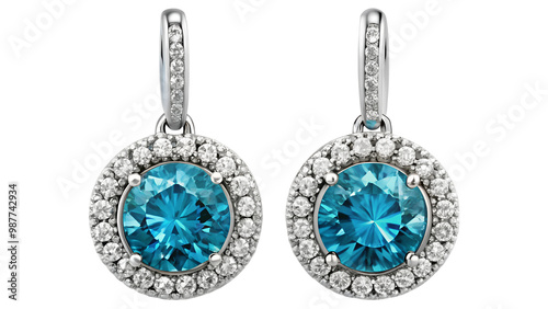 Round Diamond Drop Earrings, diamond earrings on transparent or white background.