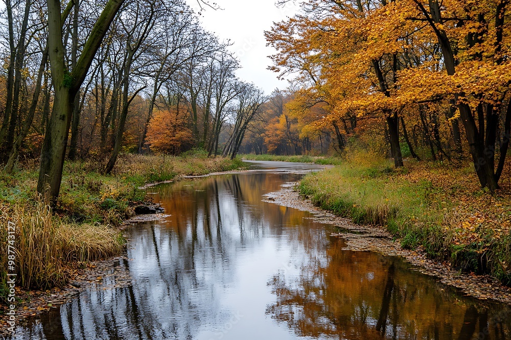 Serene Autumn Creek Winding Through Forest with Golden Leaves