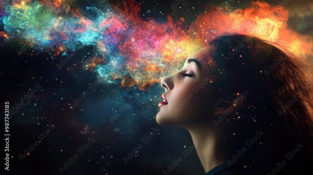 Woman with her eyes closed, surrounded by a brilliant cosmic nebula. Woman with her eyes closed, surrounded by a brilliant cosmic nebula.