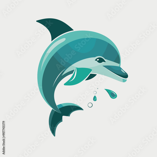 Stylish dolphin character jumping with water drops on gray background