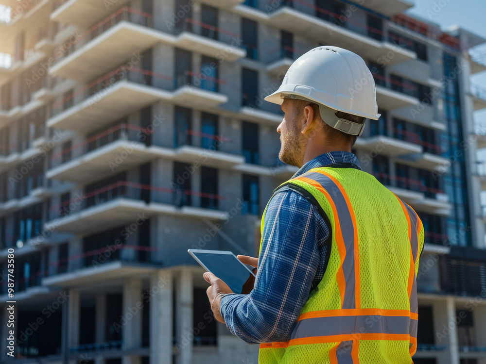 Construction worker using tablet at urban building site during day Construction worker using tablet at urban building site during day