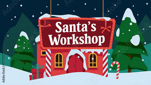 Red and green Christmas workshop with snow, perfect for winter holiday designs. 
