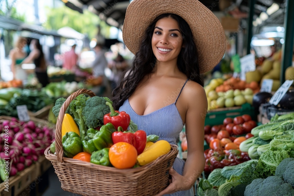 A woman shopping at a local farmer’s market, holding a basket filled with fresh fruits and vegetables A woman shopping at a local farmer’s market, holding a basket filled with fresh fruits and vegetables