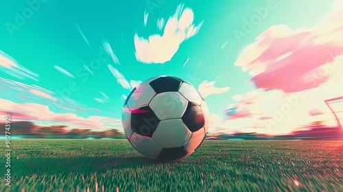 A dynamic soccer ball rolling across a vibrant green field under a clear blue sky, capturing the essence of sports energy. photo