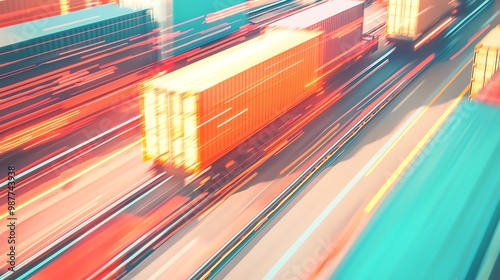 A dynamic shot of moving freight trucks, showcasing the energy and speed of cargo transport in a vibrant color palette. photo