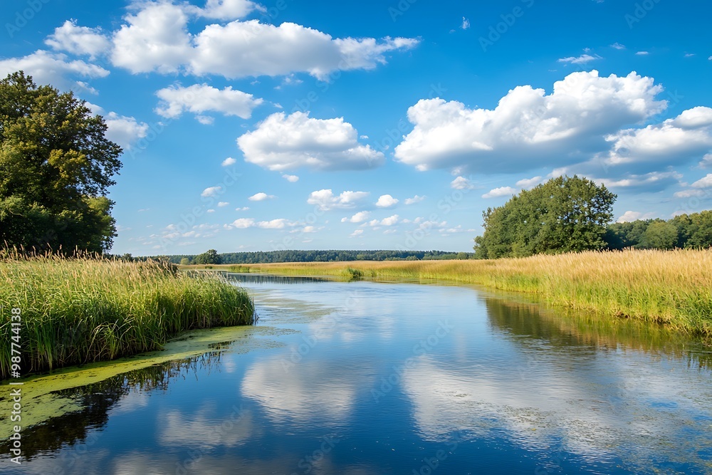 Fototapeta premium Peaceful River Landscape with Blue Sky, Clouds, and Lush Green Trees