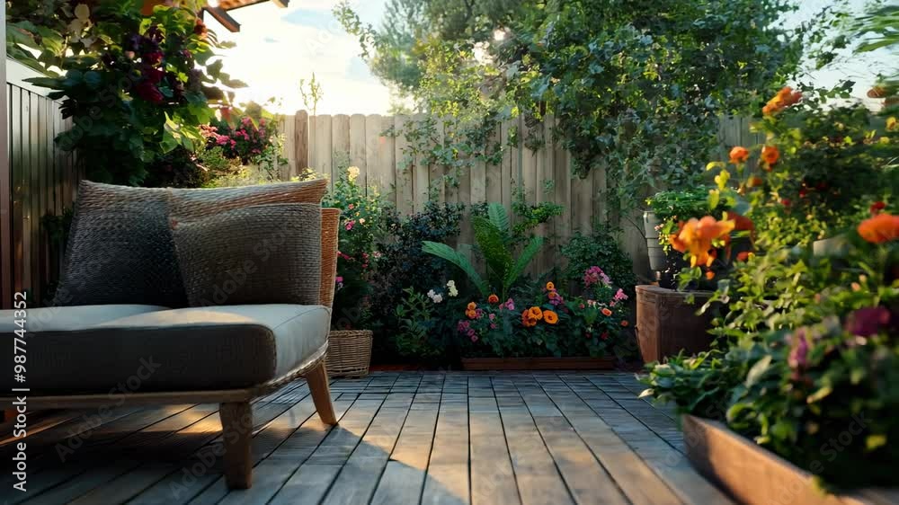 A beautifully designed garden patio features vibrant flowers and comfortable seating, creating a peaceful atmosphere during the evening light. A beautifully designed garden patio features vibrant flowers and comfortable seating, creating a peaceful atmosphere during the evening light.