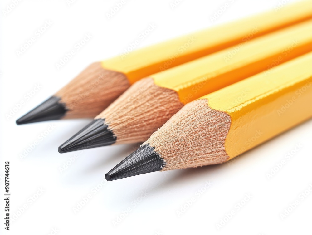 Fototapeta premium Three Yellow Pencils Close Up on White Background
