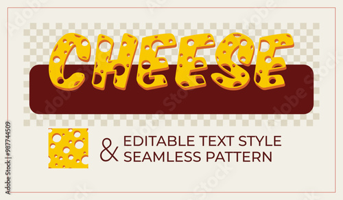 Editable text effect in cheese style. Holey perforated texture of cheese slices. Seamless pattern in simple flat style.
