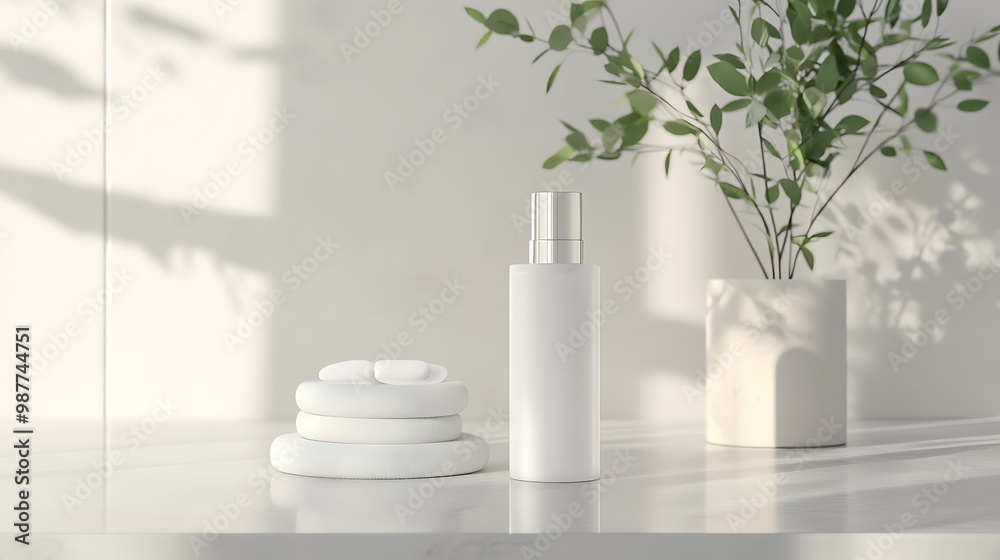 Minimalist White Product Display with Natural Light and Greenery Minimalist White Product Display with Natural Light and Greenery