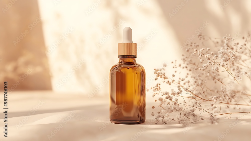 Amber Glass Dropper Bottle with Dried Flowers and Soft Sunlight Amber Glass Dropper Bottle with Dried Flowers and Soft Sunlight