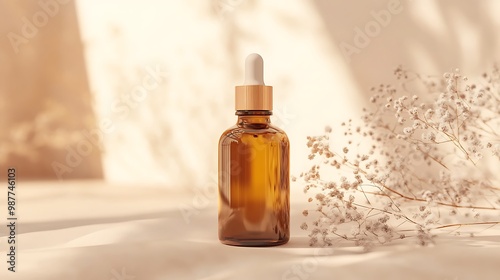 Amber Glass Dropper Bottle with Dried Flowers and Soft Sunlight