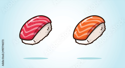 Japanese Nigiri Sushi - Maguro and Sake Nigiri Sushi. Sushi with tuna and salmon. vector cartoon illustration