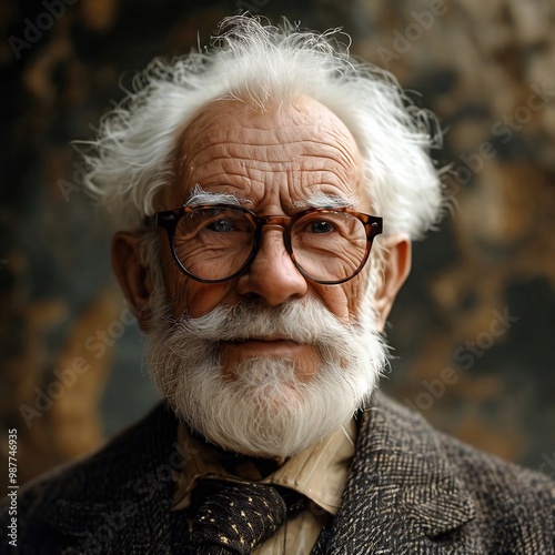 Hombre anciano con barba y lentes, sonríe. Representa una vejez digna y saludable  photo