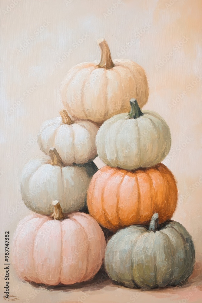 Stack of pastel-colored pumpkins arranged in a soft autumnal composition. Stack of pastel-colored pumpkins arranged in a soft autumnal composition.