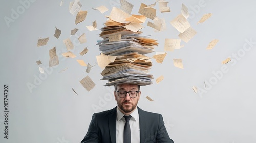 Overwhelmed Businessman with Piles of Paperwork