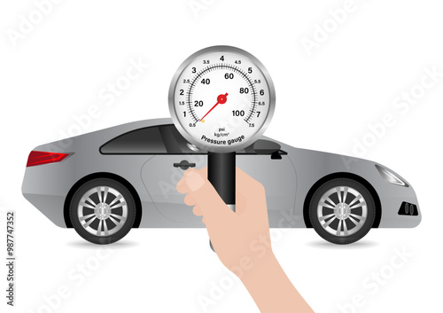 Hand Holding Tire Pressure Gauge to Check Air Pressure. Vector Illustration.