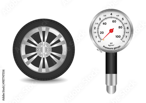 Tire Pressure Gauge. Tire Pressure Check Equipment. Vector Illustration. 