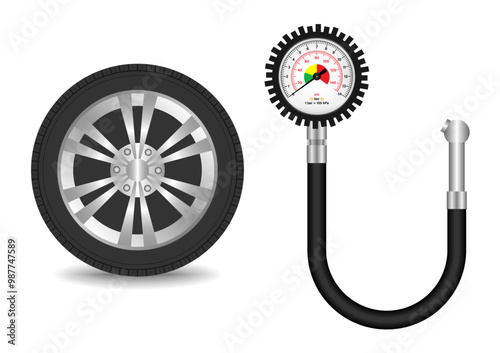 Tire Pressure Gauge. Tire Pressure Check Equipment. Vector Illustration. 