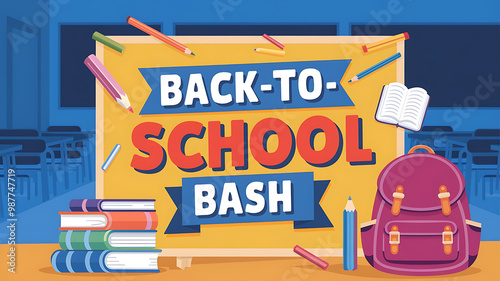 Bright yellow sign with red and blue text,  Back to School Bash,  for an exciting school event. 
