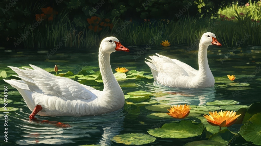 Obraz premium Two white swans gliding on a pond surrounded by water lilies and greenery.