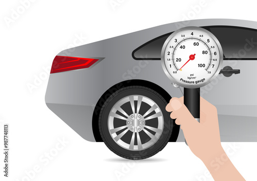 Hand Holding Tire Pressure Gauge to Check Air Pressure. Vector Illustration.