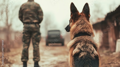 A soldier stands in the distance, observed by a loyal German Shepherd, highlighting the bond between man and dog in a serene setting. photo