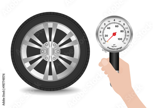 Hand Holding Tire Pressure Gauge to Check Air Pressure. Vector Illustration.