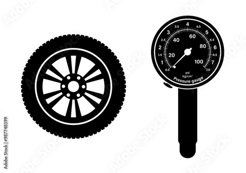 Tire Pressure Gauge Sign Symbol. Tire Pressure Check Equipment. Vector Illustration. 