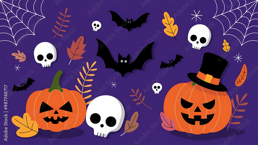 Orange pumpkins and white skulls on a purple background, Halloween celebration, spooky and fun.
Orange pumpkins and white skulls on a purple background, Halloween celebration, spooky and fun.