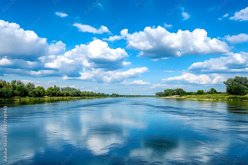 Tranquil River Landscape with Blue Sky and White Clouds Tranquil River Landscape with Blue Sky and White Clouds
